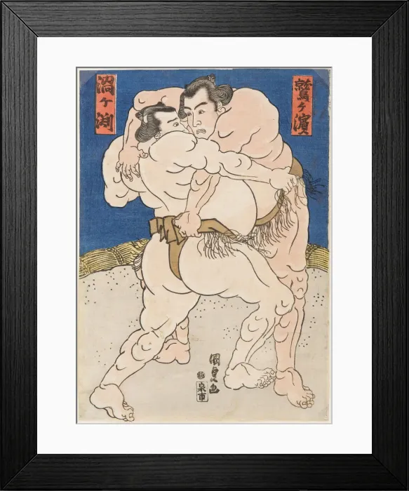 Framed Print : Wrestling match Uzugafuchi vs Washigahama, c. 1830 Framed Print : Wrestling match Uzugafuchi vs Washigahama, c. 1830
