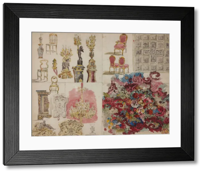 Framed Print : Design of furniture, ceiling, lamps, decorative wall painting with flowers for Framed Print : Design of furniture, ceiling, lamps, decorative wall painting with flowers for