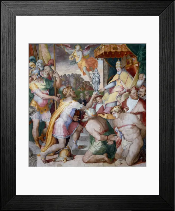 Framed Print : Emperor Otto I brings the Church treasury to Pope John XII. back, ca 1563 Framed Print : Emperor Otto I brings the Church treasury to Pope John XII. back, ca 1563