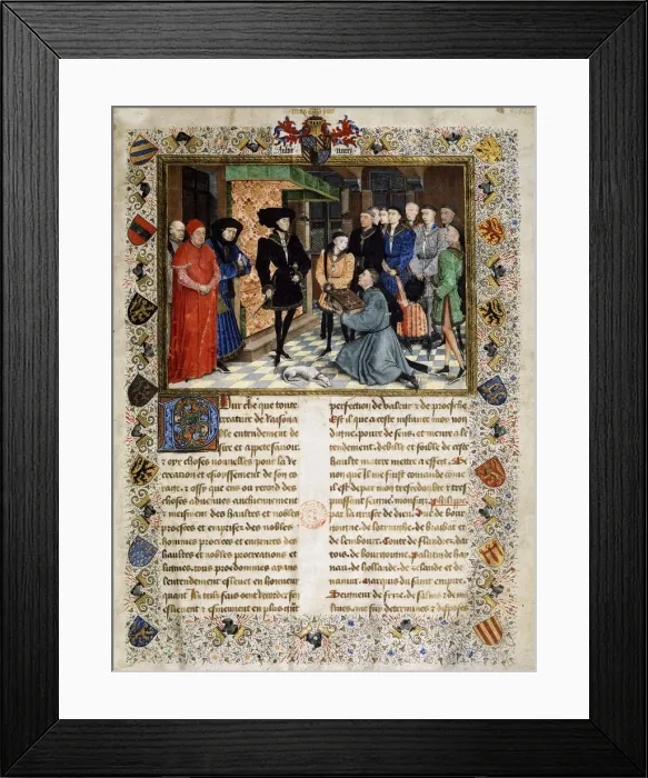 Framed Print : Jean Wauquelin presenting his Chroniques de Hainaut to Philip the Good, 1447 Framed Print : Jean Wauquelin presenting his Chroniques de Hainaut to Philip the Good, 1447
