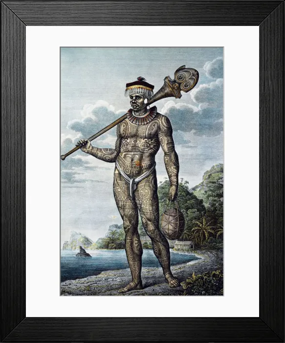 Framed Print : A man from Nuku Hiva Island with tattoos on his body. From Atlas of Krusensterns Circumnavigation Framed Print : A man from Nuku Hiva Island with tattoos on his body. From Atlas of Krusensterns Circumnavigation