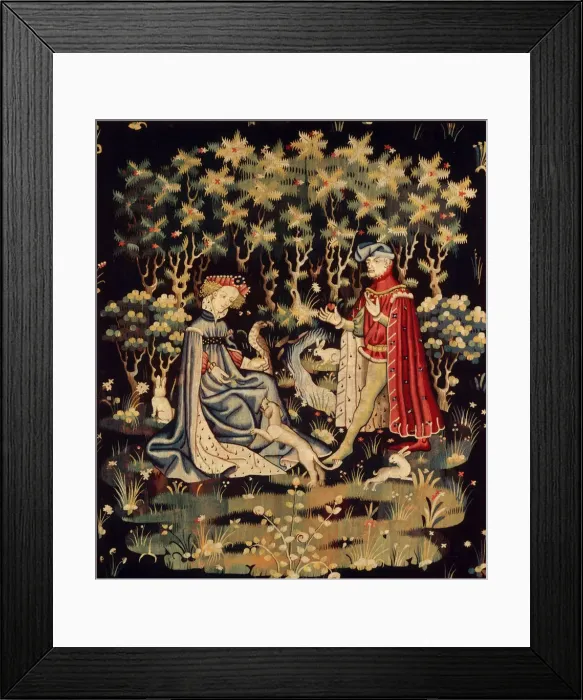 Framed Print : The Offering of the Heart (L Offrande du coeur). Tapisserie, ca 1400-1410 Framed Print : The Offering of the Heart (L Offrande du coeur). Tapisserie, ca 1400-1410