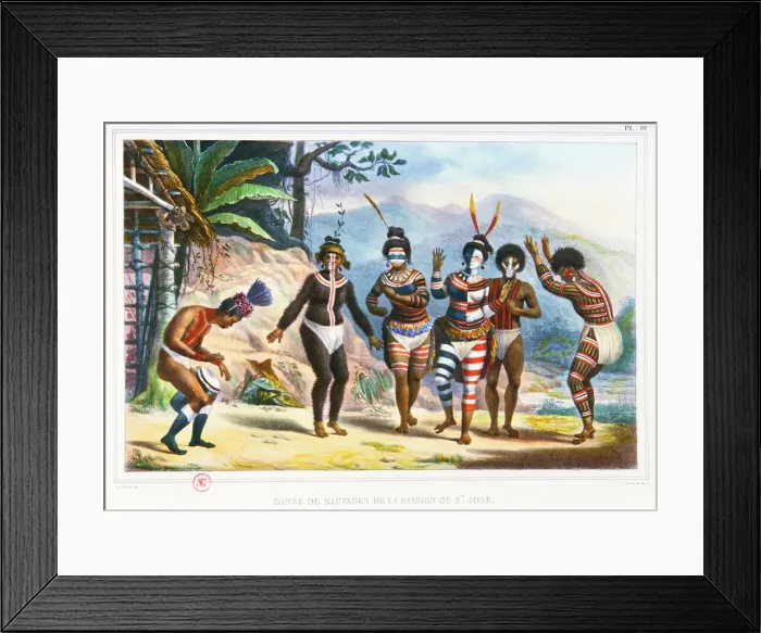 Framed Print : Dance at the mission of Sao Jose. Illustration from Voyage pittoresque et historique au Bresil