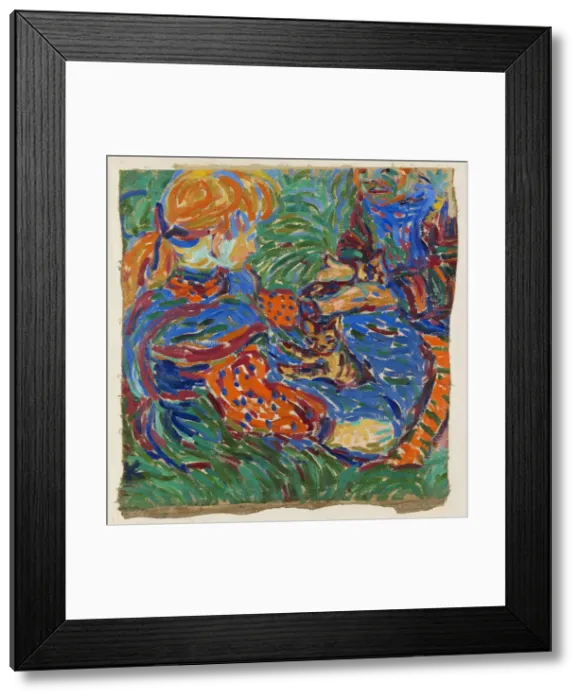 Framed Print : Two girls playing with cat, 1907 Framed Print : Two girls playing with cat, 1907