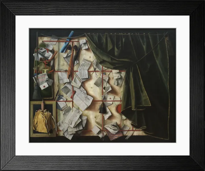 Framed Print : Trompe l oeil. Letter Rack with Proclamation by Frederik III, 1672 Framed Print : Trompe l oeil. Letter Rack with Proclamation by Frederik III, 1672