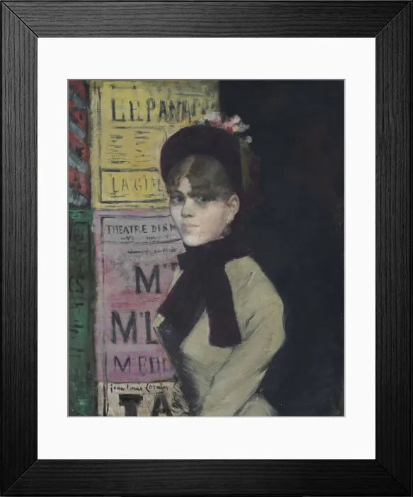 Framed Print : Young woman reading in Front of an Advertising Column, ca 1880-1885 Framed Print : Young woman reading in Front of an Advertising Column, ca 1880-1885