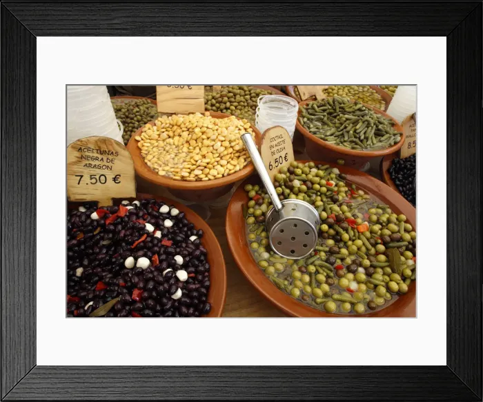 Framed Print : Market stall, Mallorca, Spain. Olives, beans and gherkins Framed Print : Market stall, Mallorca, Spain. Olives, beans and gherkins