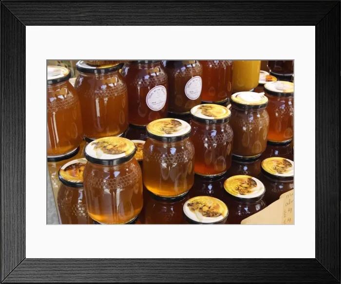 Framed Print : Jars of honey on a market stall, Mallorca, Spain Framed Print : Jars of honey on a market stall, Mallorca, Spain
