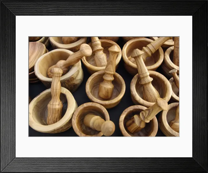 Framed Print : Wooden pestles and mortars for sale in a market, Mallorca, Spain Framed Print : Wooden pestles and mortars for sale in a market, Mallorca, Spain