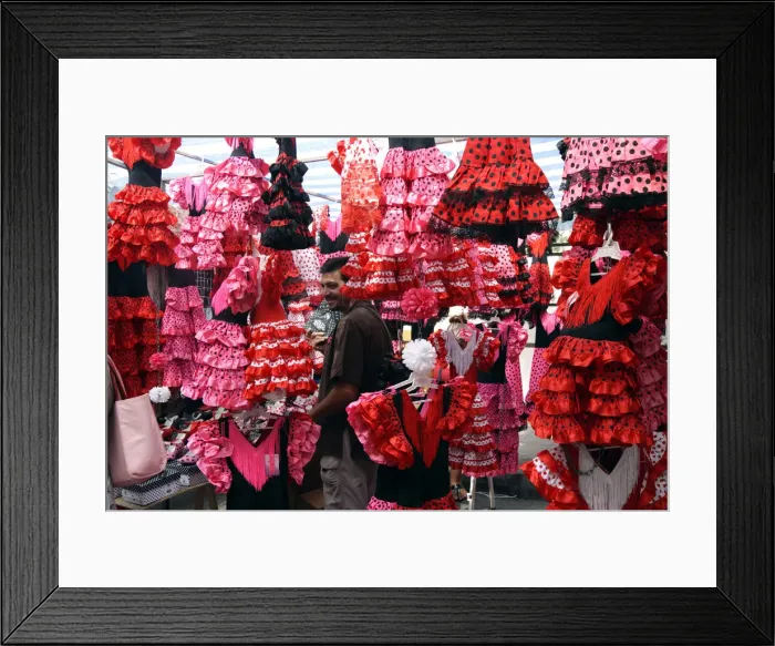 Framed Print : Colourful flamenco dresses for sale in a market, Mallorca, Spain