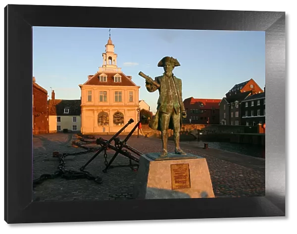 Statue of Captain Vancouver at dusk on the Purfleet Quay, Kings Lynn, Norfolk