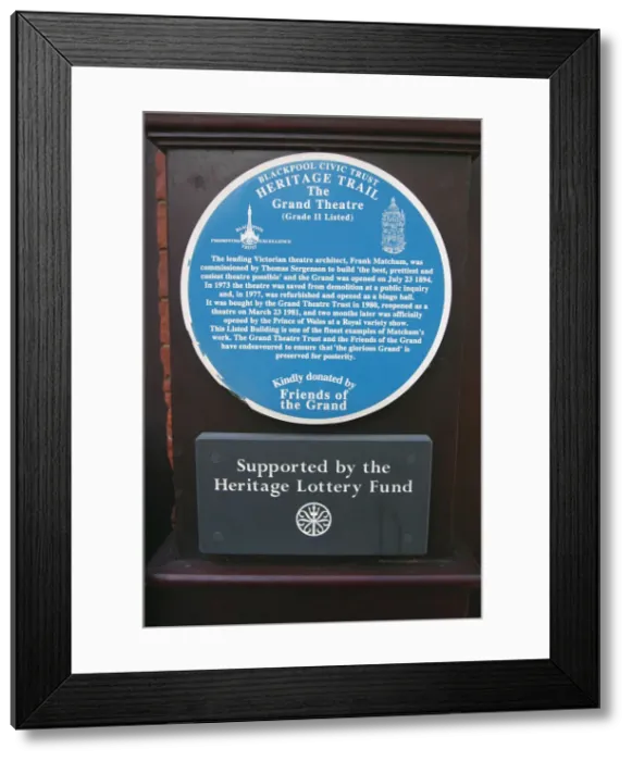 Framed Print : Blue information plaque, Grand Theatre, Blackpool, Lancashire Framed Print : Blue information plaque, Grand Theatre, Blackpool, Lancashire