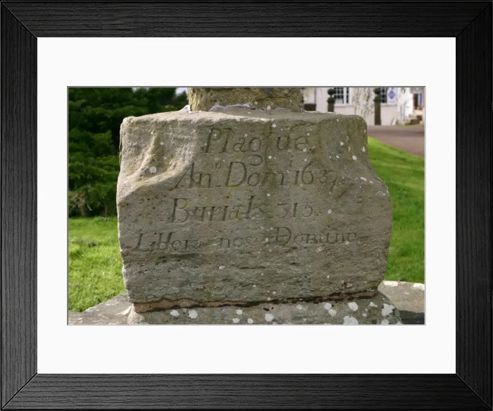 Framed Print : Inscription on the base of a Plague Cross, Ross-on-Wye, Herefordshire Framed Print : Inscription on the base of a Plague Cross, Ross-on-Wye, Herefordshire