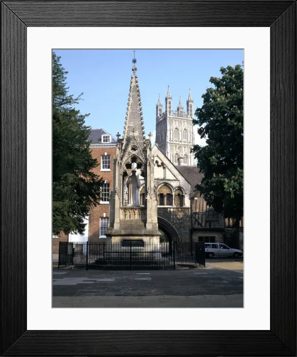 Framed Print : John Hooper Memorial, St Marys Gate and Gloucester Cathedral, Gloucestershire Framed Print : John Hooper Memorial, St Marys Gate and Gloucester Cathedral, Gloucestershire