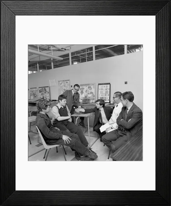 Framed Print : Radio interview of schoolboys on a factory visit, Stanley Tools, Sheffield, South Yorkshire, 1968 Framed Print : Radio interview of schoolboys on a factory visit, Stanley Tools, Sheffield, South Yorkshire, 1968