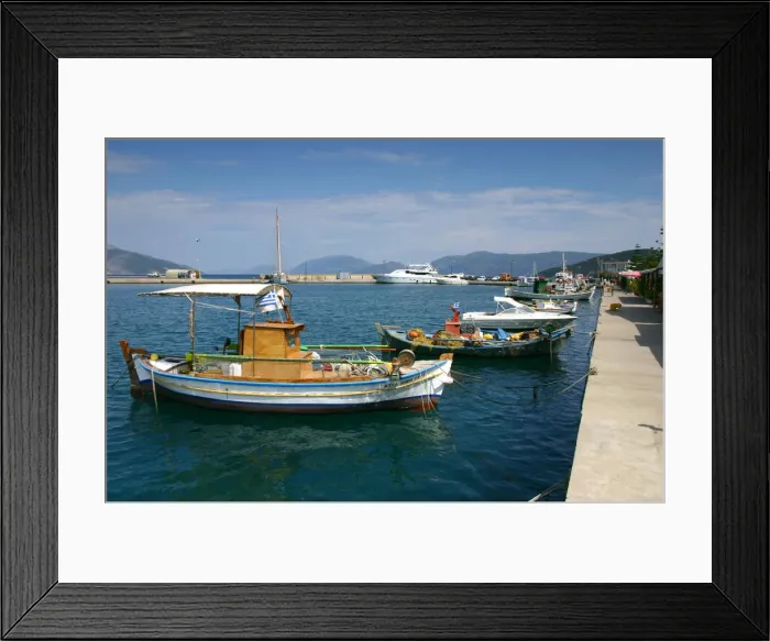 Framed Print : Fishing boats moored alongside the quay, Sami, Kefalonia, Greece Framed Print : Fishing boats moored alongside the quay, Sami, Kefalonia, Greece