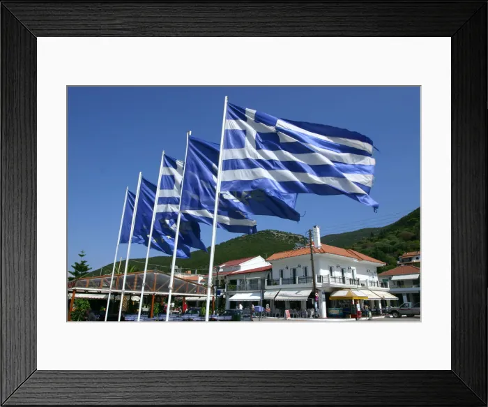 Framed Print : Flags on the quayside, Sami, Kefalonia, Greece Framed Print : Flags on the quayside, Sami, Kefalonia, Greece