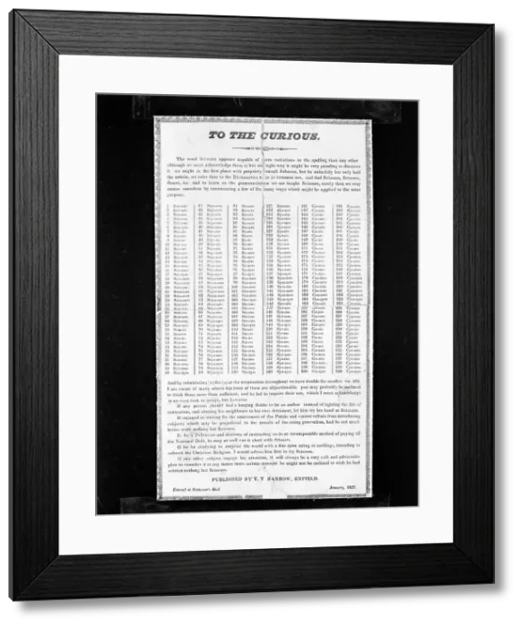 Framed Print : 240 ways to spell scissors, newspaper cutting from 1829, copied in 1963. Artist