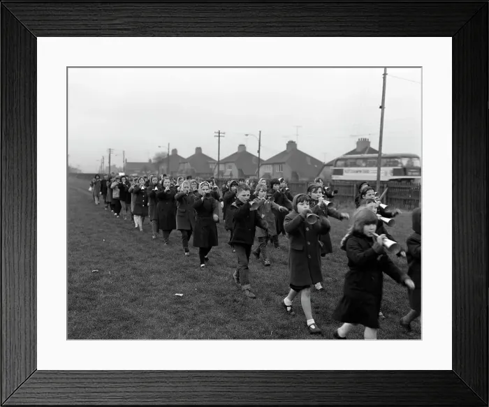 Framed Print : Children marching with home made bugles, Middlesborough, Teesside, 1964 Framed Print : Children marching with home made bugles, Middlesborough, Teesside, 1964