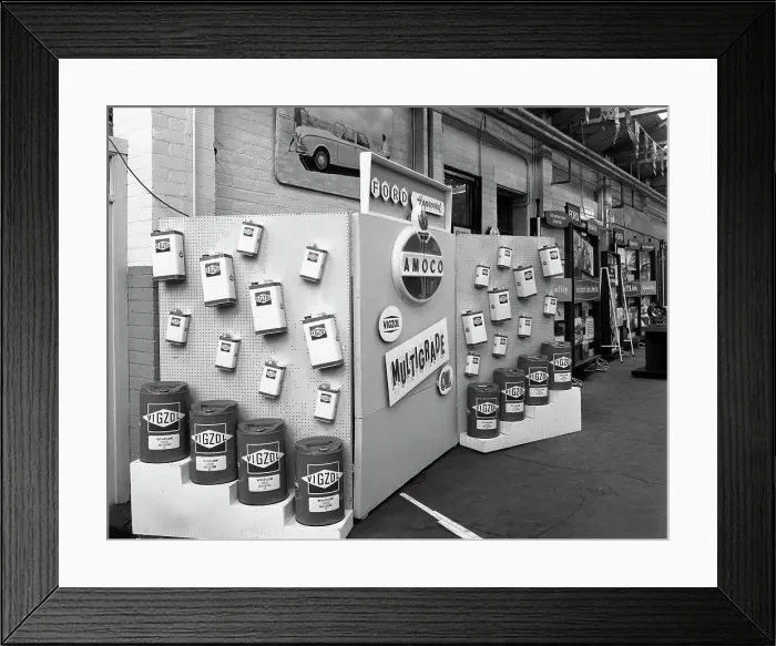 Framed Print : Exhibition stand for Vigzol Oil from Amoco, Rotherham, South Yorkshire, 1964. Artist Framed Print : Exhibition stand for Vigzol Oil from Amoco, Rotherham, South Yorkshire, 1964. Artist