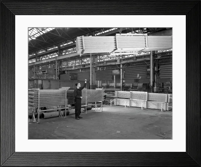 Framed Print : Lowering galvanised heat exchangers, Edgar Allen Steel Co, Sheffield, South Yorkshire, 1964 Framed Print : Lowering galvanised heat exchangers, Edgar Allen Steel Co, Sheffield, South Yorkshire, 1964