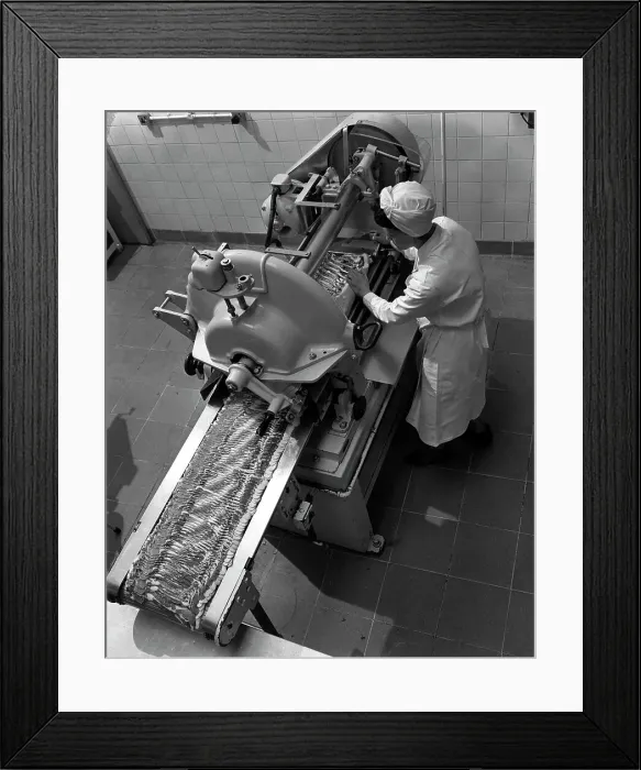 Framed Print : Bacon slicing machine, Danish Bacon Company, Selby, North Yorkshire, 1964. Artist Framed Print : Bacon slicing machine, Danish Bacon Company, Selby, North Yorkshire, 1964. Artist