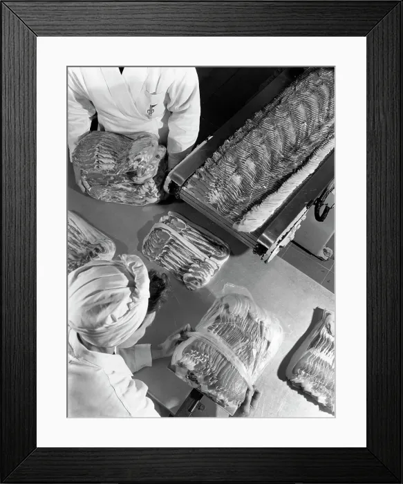 Framed Print : Packing bacon rashers, Danish Bacon Company, Selby, North Yorkshire, 1964. Artist