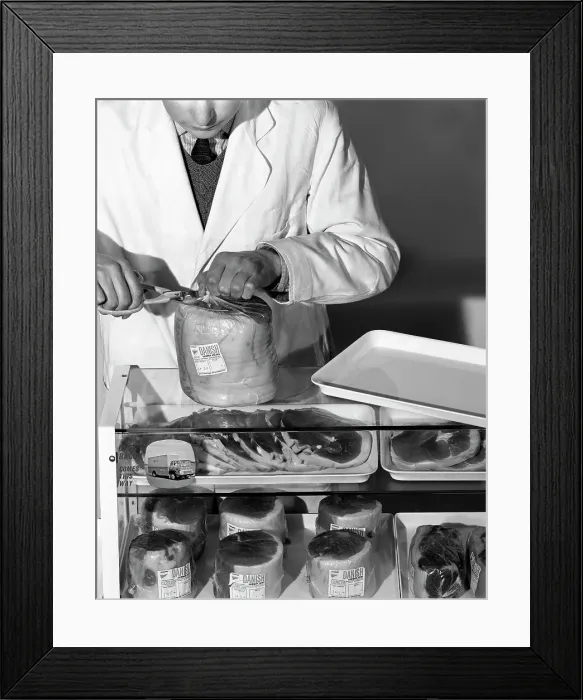 Framed Print : Pre-packed gammon steaks, Danish Bacon Company, Yorkshire, 1964. Artist: Michael Walters Framed Print : Pre-packed gammon steaks, Danish Bacon Company, Yorkshire, 1964. Artist: Michael Walters