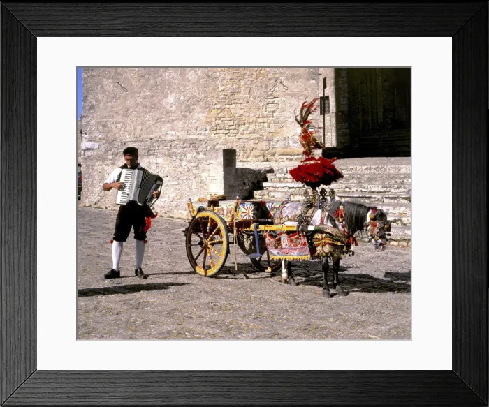 Framed Print : Man with accordion and decorated pony and cart, Erice, Sicily Framed Print : Man with accordion and decorated pony and cart, Erice, Sicily