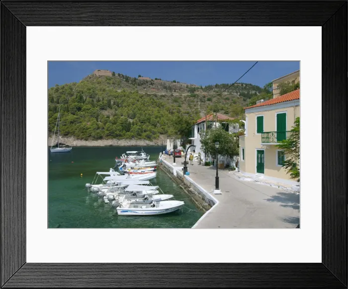 Framed Print : Boats at the quayside, Assos, Kefalonia, Greece