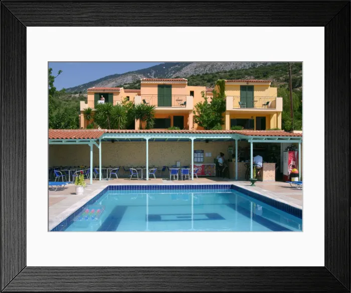 Framed Print : Holiday apartments and swimming pool, Lourdas, Kefalonia, Greece Framed Print : Holiday apartments and swimming pool, Lourdas, Kefalonia, Greece