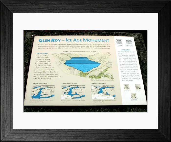 Framed Print : Sign describing the Ice Age Monument, Glen Roy, Highland, Scotland Framed Print : Sign describing the Ice Age Monument, Glen Roy, Highland, Scotland