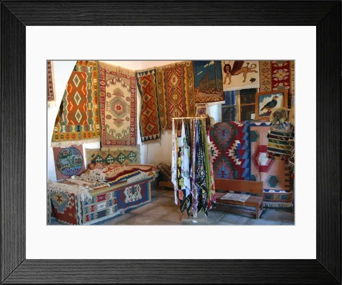 Framed Print : Rugs and scarves at a monastery, North Cyprus