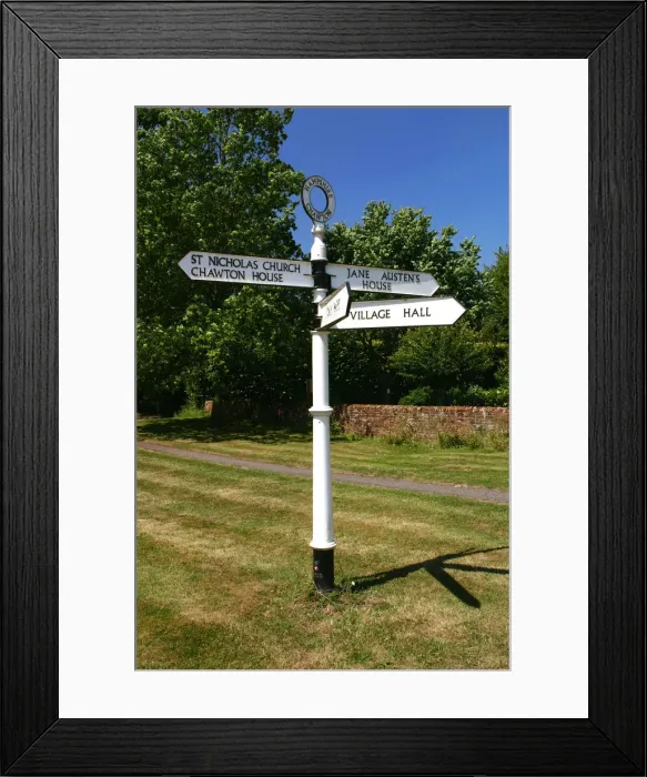 Framed Print : Signpost pointing to Jane Austens House, Chawton, Hampshire Framed Print : Signpost pointing to Jane Austens House, Chawton, Hampshire