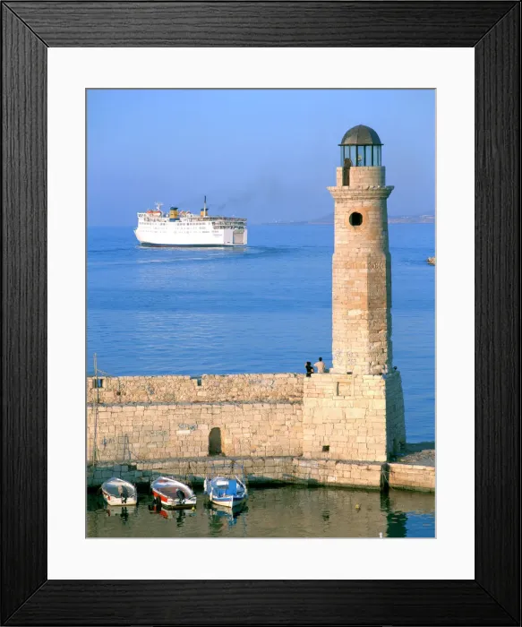 Framed Print : Venetian lighthouse and the ferry to Piraeus, Rethymnon, Crete, Greece Framed Print : Venetian lighthouse and the ferry to Piraeus, Rethymnon, Crete, Greece