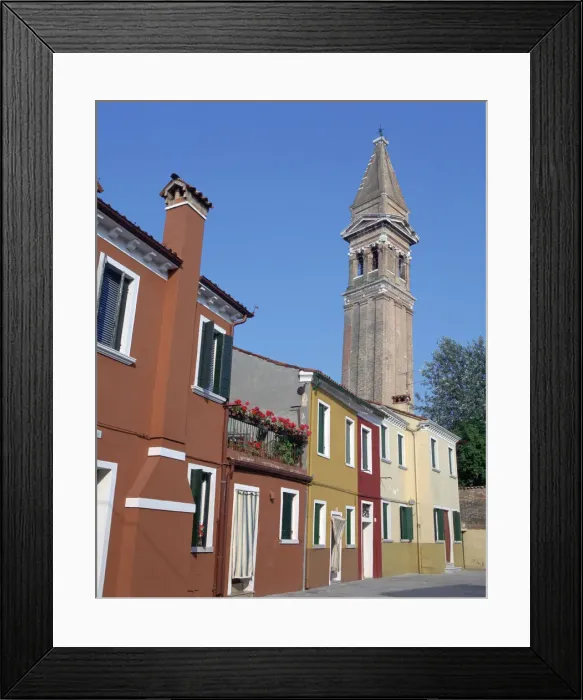 Framed Print : Campanile of the Church of San Martino and painted houses, Burano, Venice, Italy Framed Print : Campanile of the Church of San Martino and painted houses, Burano, Venice, Italy