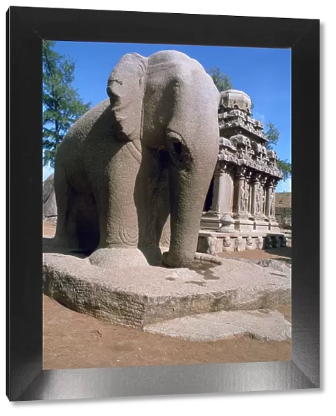 Carved stone elephant, Five Rathas, Mahabalipuram, Tamil Nadu, India
