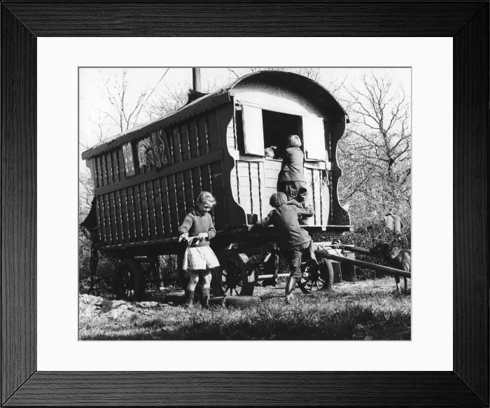 Framed Print : Gypsy children playing outside their caravan, 1960s Framed Print : Gypsy children playing outside their caravan, 1960s