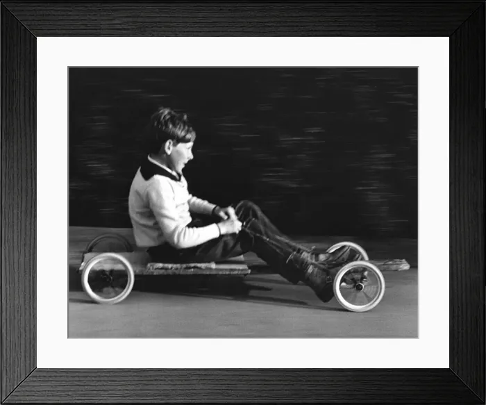 Framed Print : Boy driving a home-made go-kart, Horley, Surrey, 1965 Framed Print : Boy driving a home-made go-kart, Horley, Surrey, 1965