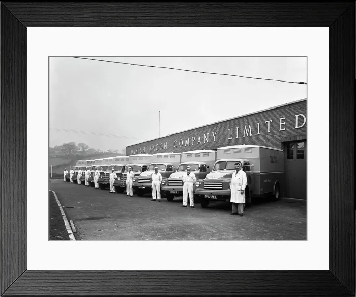 Framed Print : Bedford delivery lorries at the Danish Bacon Co, Kilnhurst, South Yorkshire, 1957 Framed Print : Bedford delivery lorries at the Danish Bacon Co, Kilnhurst, South Yorkshire, 1957