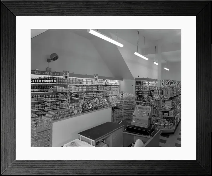 Framed Print : Carlines Self Service Store in Mexborough, South Yorkshire, 1960. Artist: Michael Walters Framed Print : Carlines Self Service Store in Mexborough, South Yorkshire, 1960. Artist: Michael Walters
