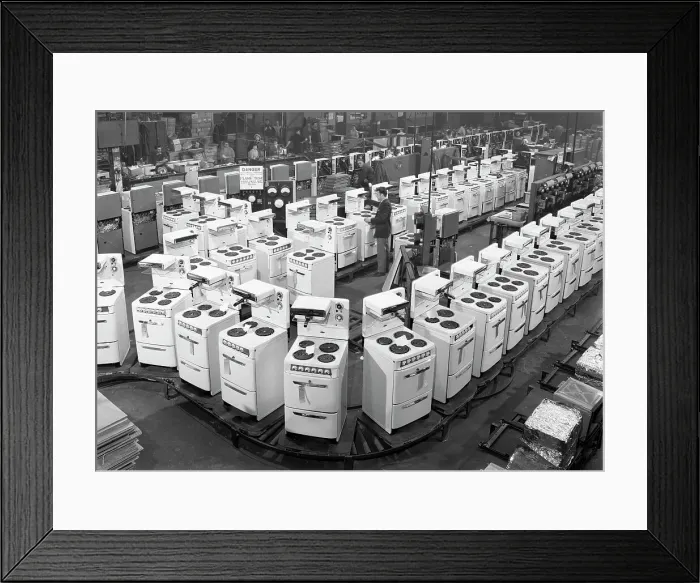 Framed Print : Quality checking cookers at the GEC plant, Swinton, South Yorkshire, 1960. Artist Framed Print : Quality checking cookers at the GEC plant, Swinton, South Yorkshire, 1960. Artist