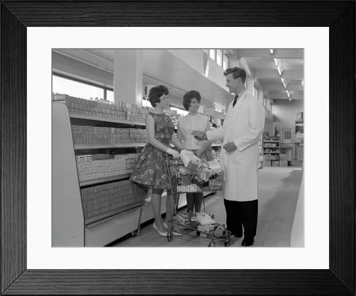 Framed Print : Supermarket shoppers and salesman, Co-op, Barnsley, South Yorkshire, 1961. Artist Framed Print : Supermarket shoppers and salesman, Co-op, Barnsley, South Yorkshire, 1961. Artist