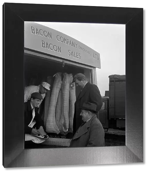 Buying wholesale meat from a Danish Bacon Company lorry, Barnsley, South Yorkshire, 1961