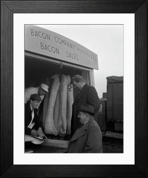 Framed Print : Buying wholesale meat from a Danish Bacon Company lorry, Barnsley, South Yorkshire, 1961 Framed Print : Buying wholesale meat from a Danish Bacon Company lorry, Barnsley, South Yorkshire, 1961