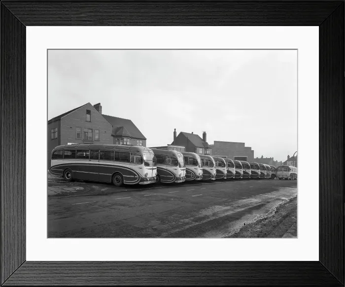 Framed Print : Fleet of Phillipsons coaches, Goldthorpe, South Yorkshire, 1963 Framed Print : Fleet of Phillipsons coaches, Goldthorpe, South Yorkshire, 1963