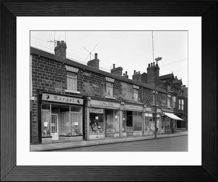 Framed Print : A terrace of late Vistorian shops in Bank Street, Mexborough, South Yorkshire, 1963 Framed Print : A terrace of late Vistorian shops in Bank Street, Mexborough, South Yorkshire, 1963