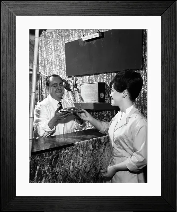 Framed Print : Serving a meal to a customer in a cafe, Mexborough, South Yorkshire, 1964. Artist Framed Print : Serving a meal to a customer in a cafe, Mexborough, South Yorkshire, 1964. Artist