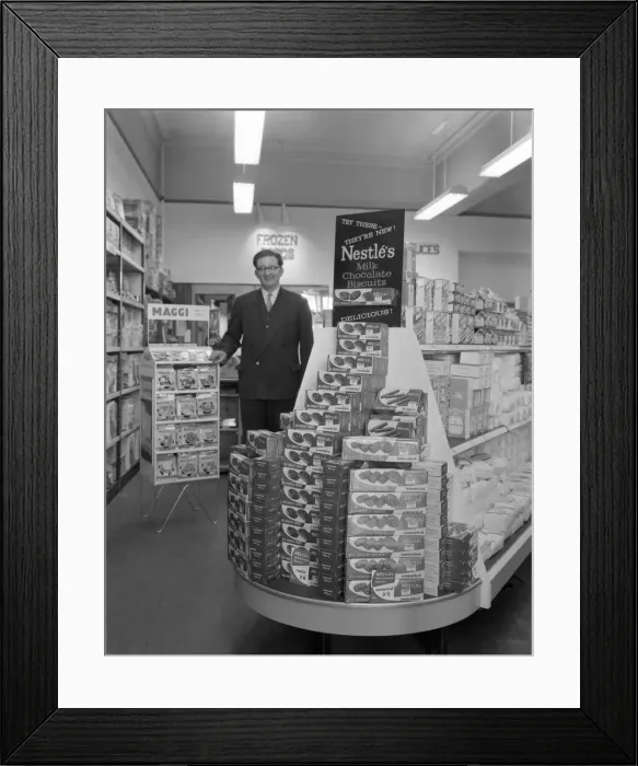 Framed Print : Nestles shop display, Mexborough, South Yorkshire, 1959. Artist: Michael Walters Framed Print : Nestles shop display, Mexborough, South Yorkshire, 1959. Artist: Michael Walters