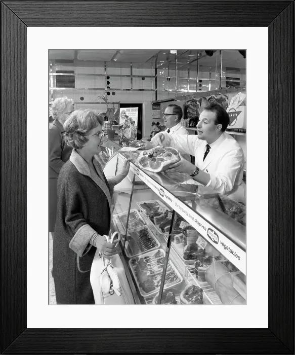Framed Print : Scene inside a butchers shop, Doncaster, South Yorkshire, 1965. Artist: Michael Walters Framed Print : Scene inside a butchers shop, Doncaster, South Yorkshire, 1965. Artist: Michael Walters